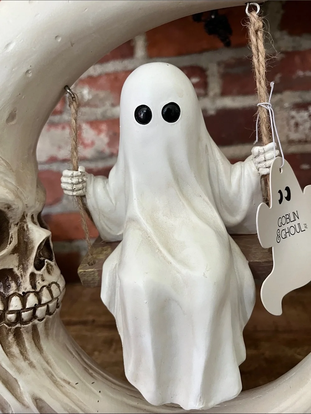 White Ghost on Crescent Moon Halloween Figurine